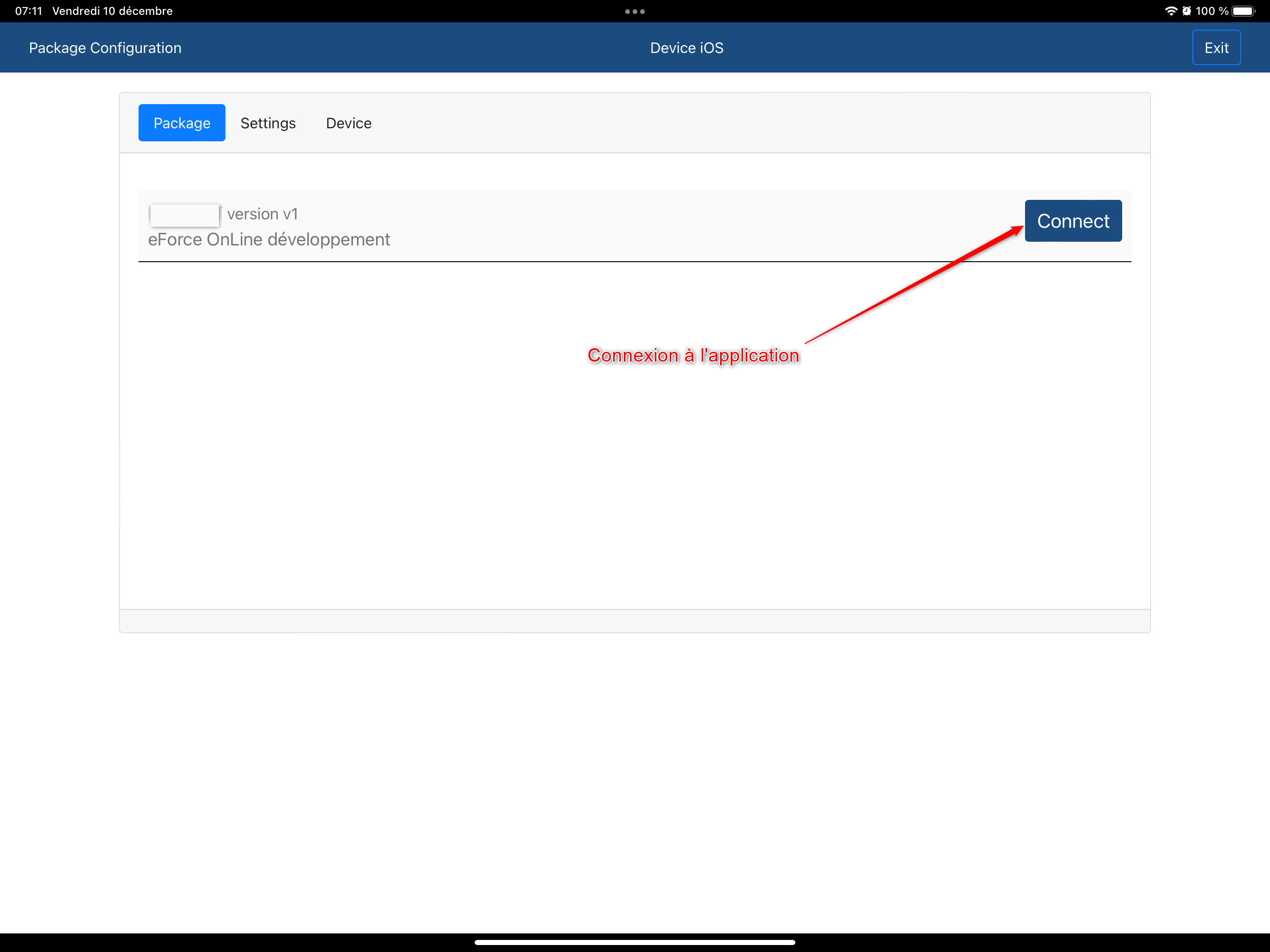 Appuyer sur 'Connect' pour lancer l'application 